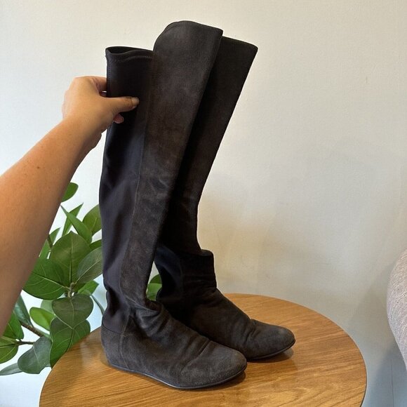 Stuart Weitzman Charcoal Gray suede knee high stretch boots Size 6.5/7 - Picture 1 of 9